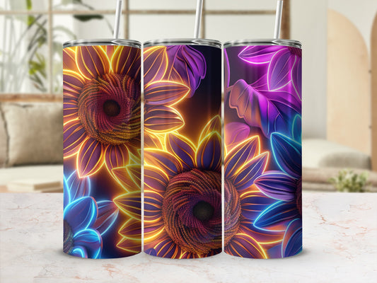 Three illuminated sunflowers in vibrant blue, purple, and yellow tones.