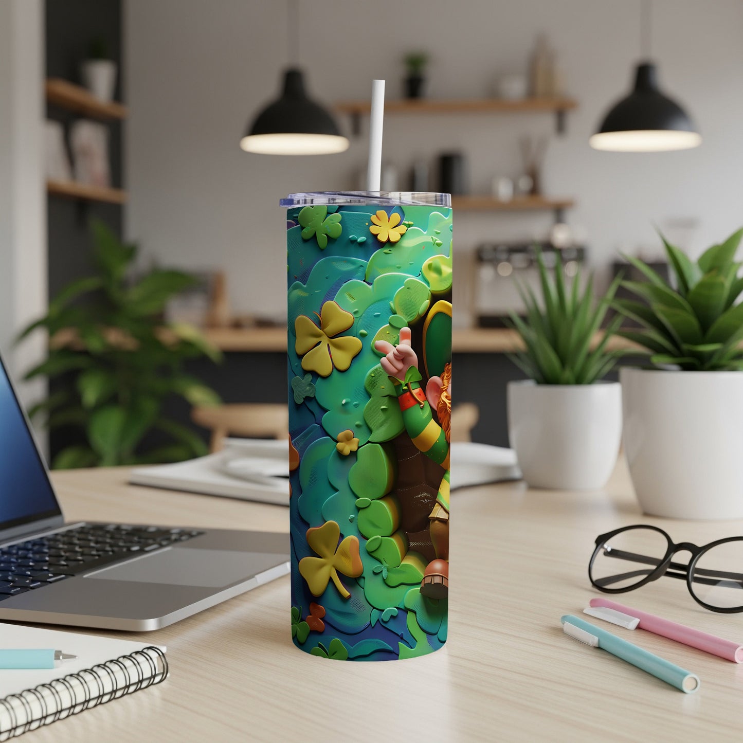 Leprechaun and shamrocks design on a tumbler with a straw.