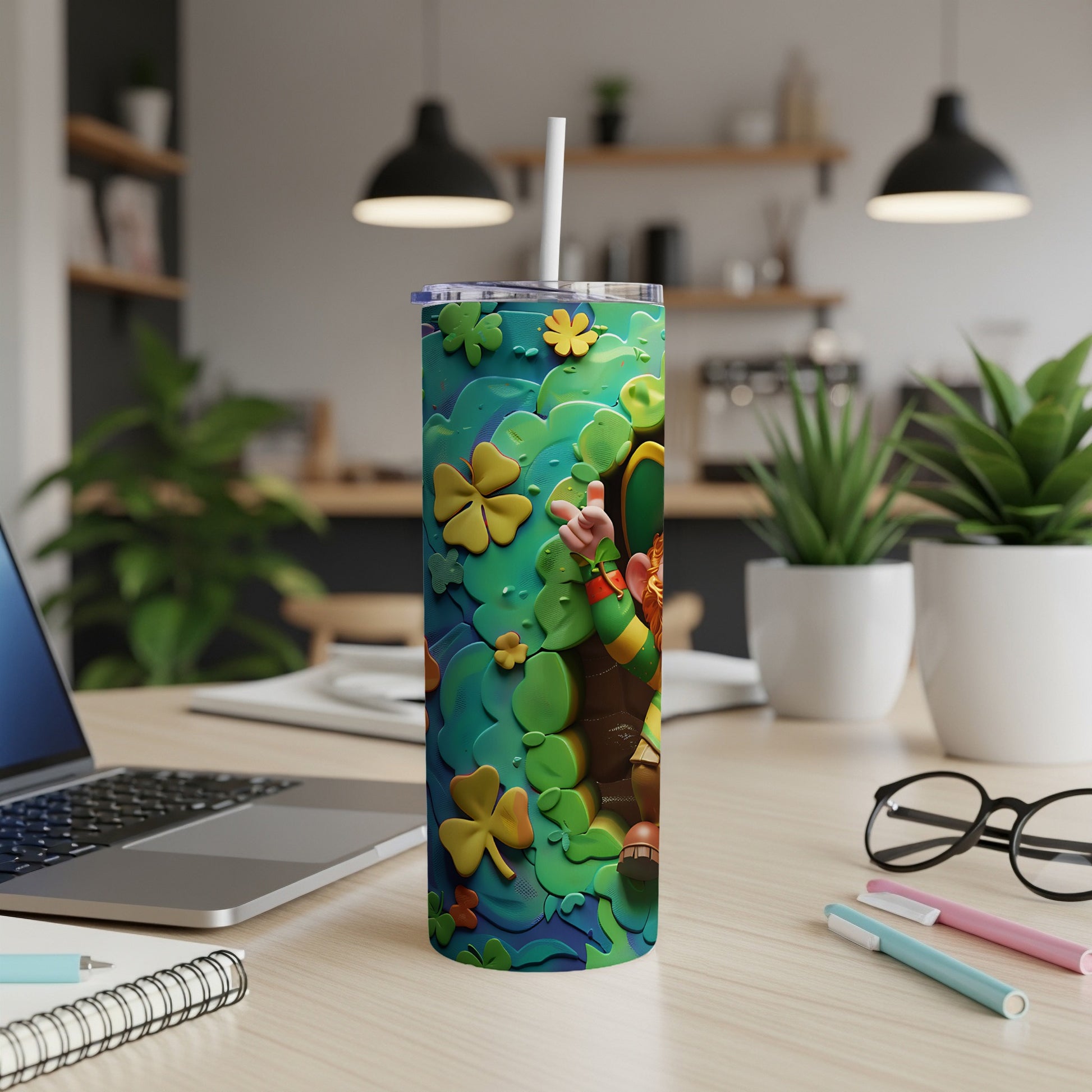 Leprechaun and shamrocks design on a tumbler with a straw.