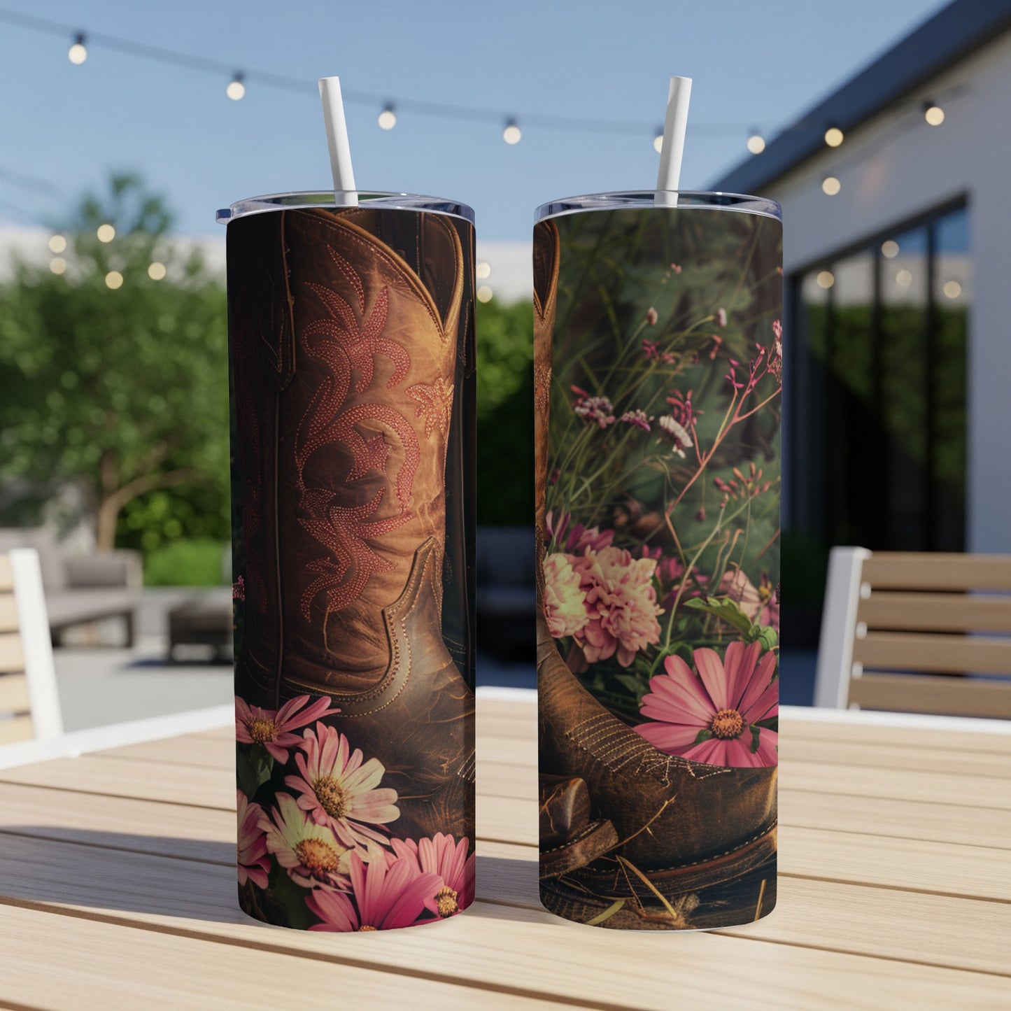 Two tumblers with floral and cowboy boot designs on a table.