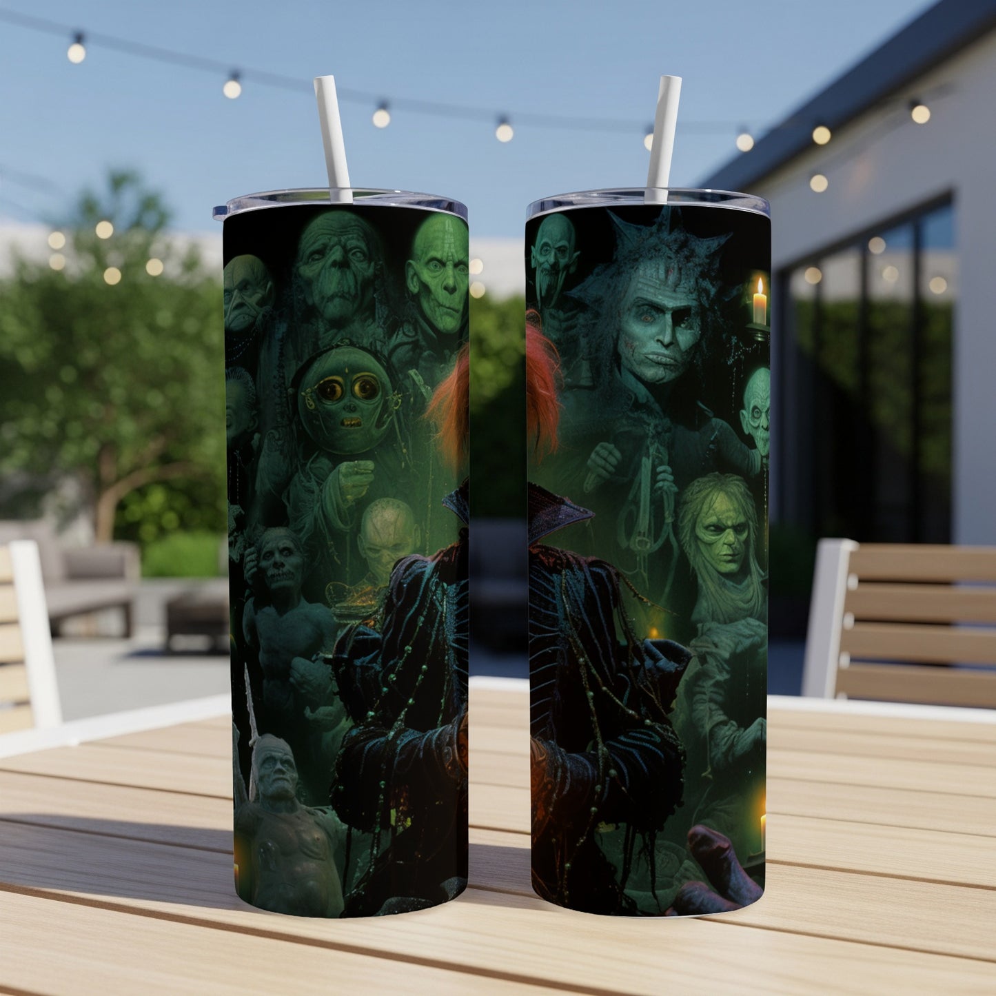 Two tumblers featuring a dark, green-hued collage of grotesque, monstrous faces.