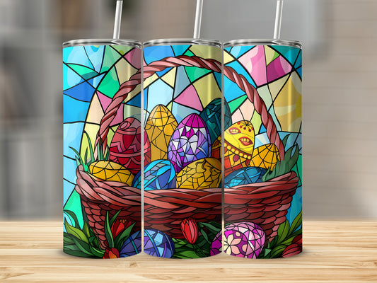 Easter basket with colorful stained glass eggs and tulips.