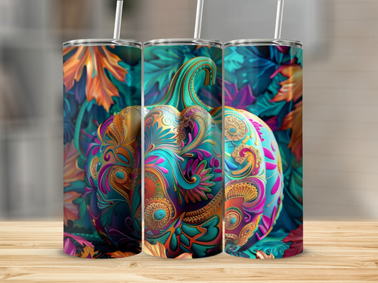Triptych of a colorful, ornate pumpkin tumbler against a dark, leafy background.