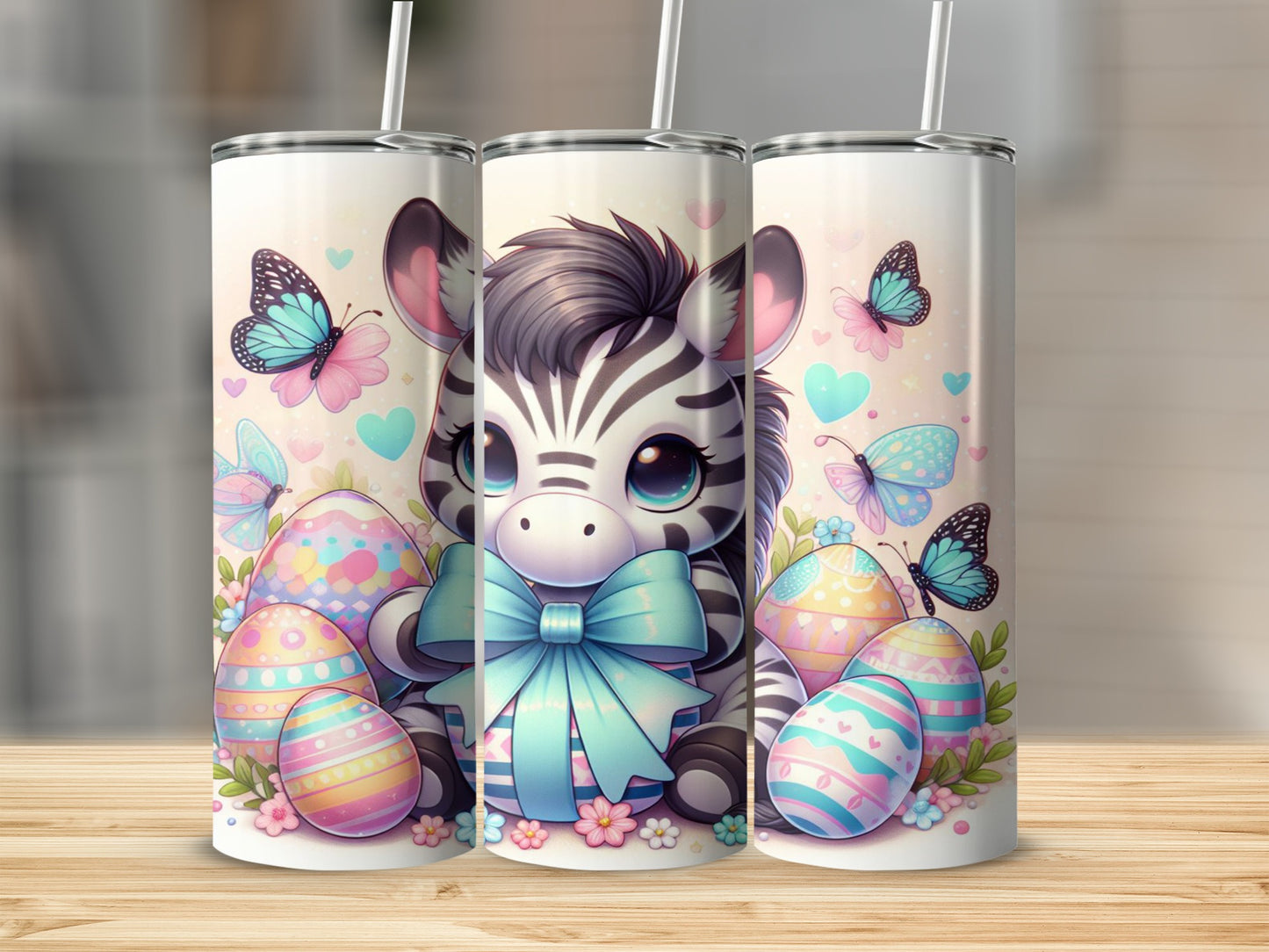 Cute cartoon zebra with Easter eggs and butterflies.