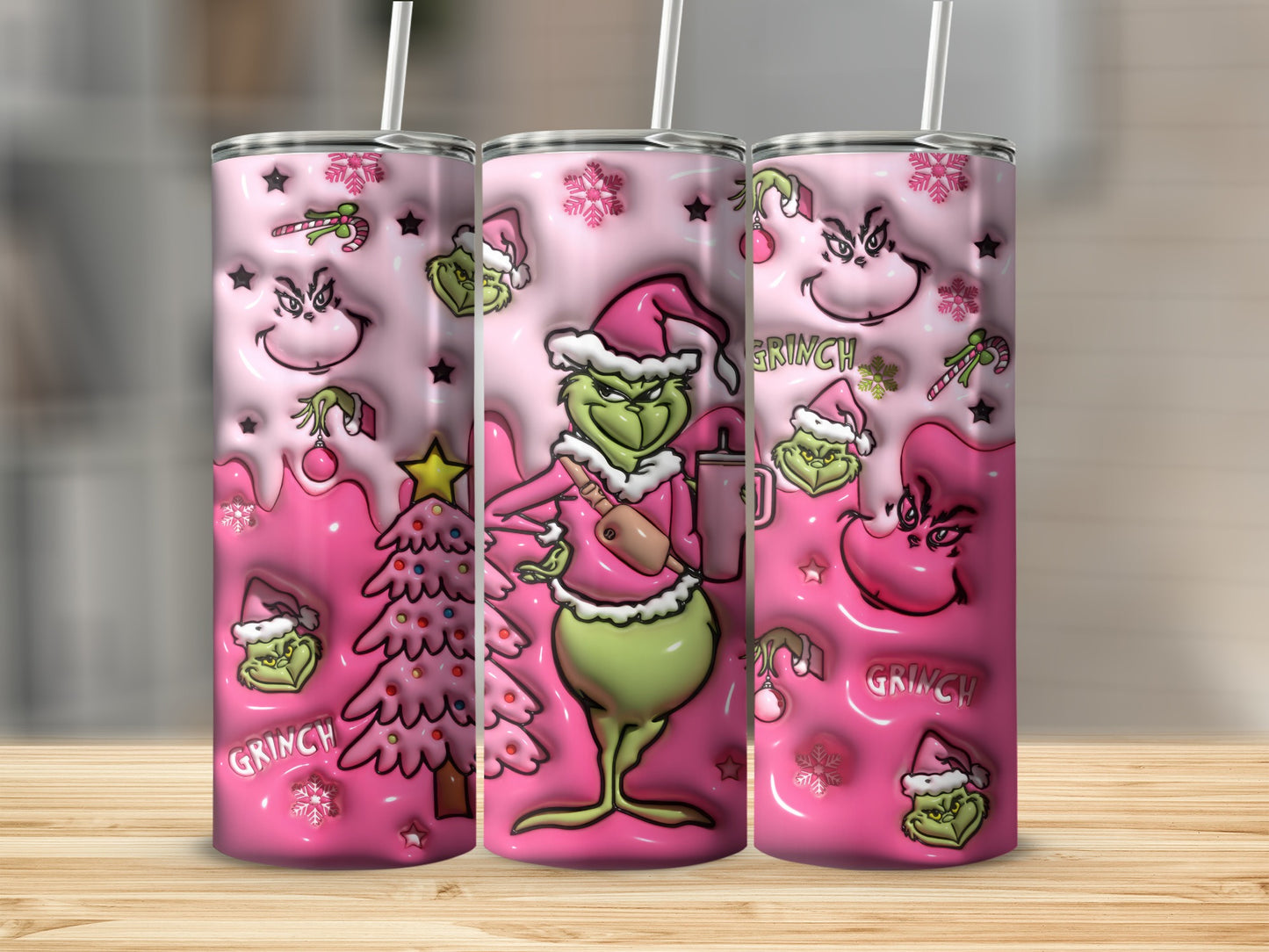 Pink Christmas Grinch Themed Tumbler with Straw