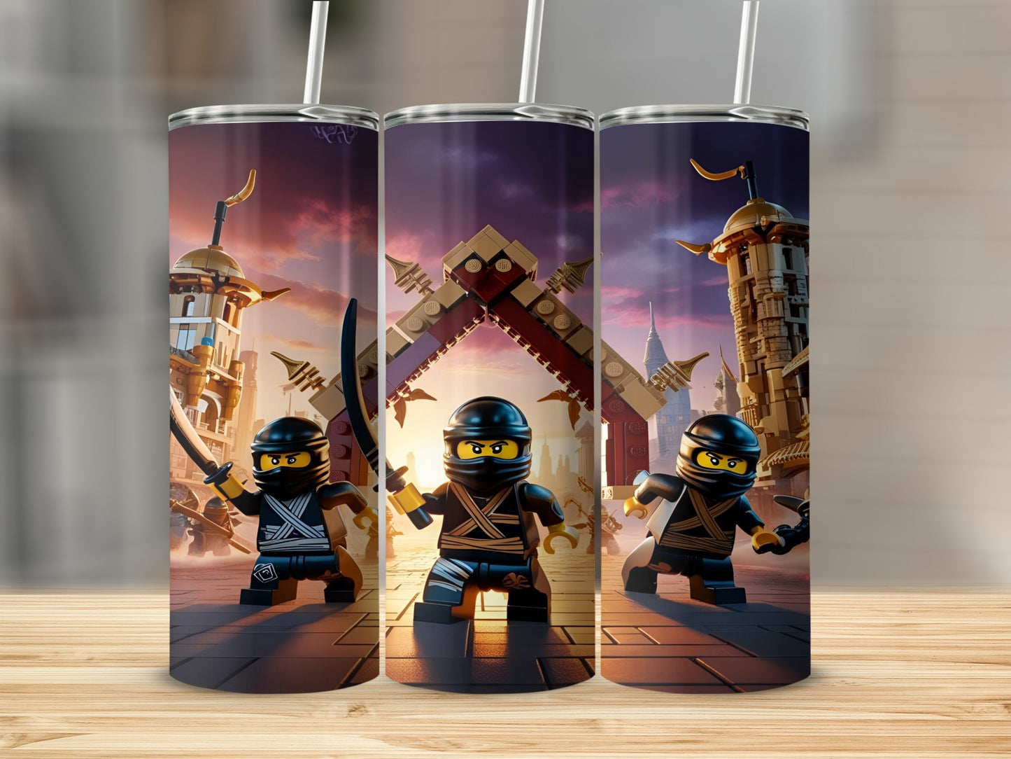 Three Lego Ninjago figures in black outfits stand before a golden pagoda.