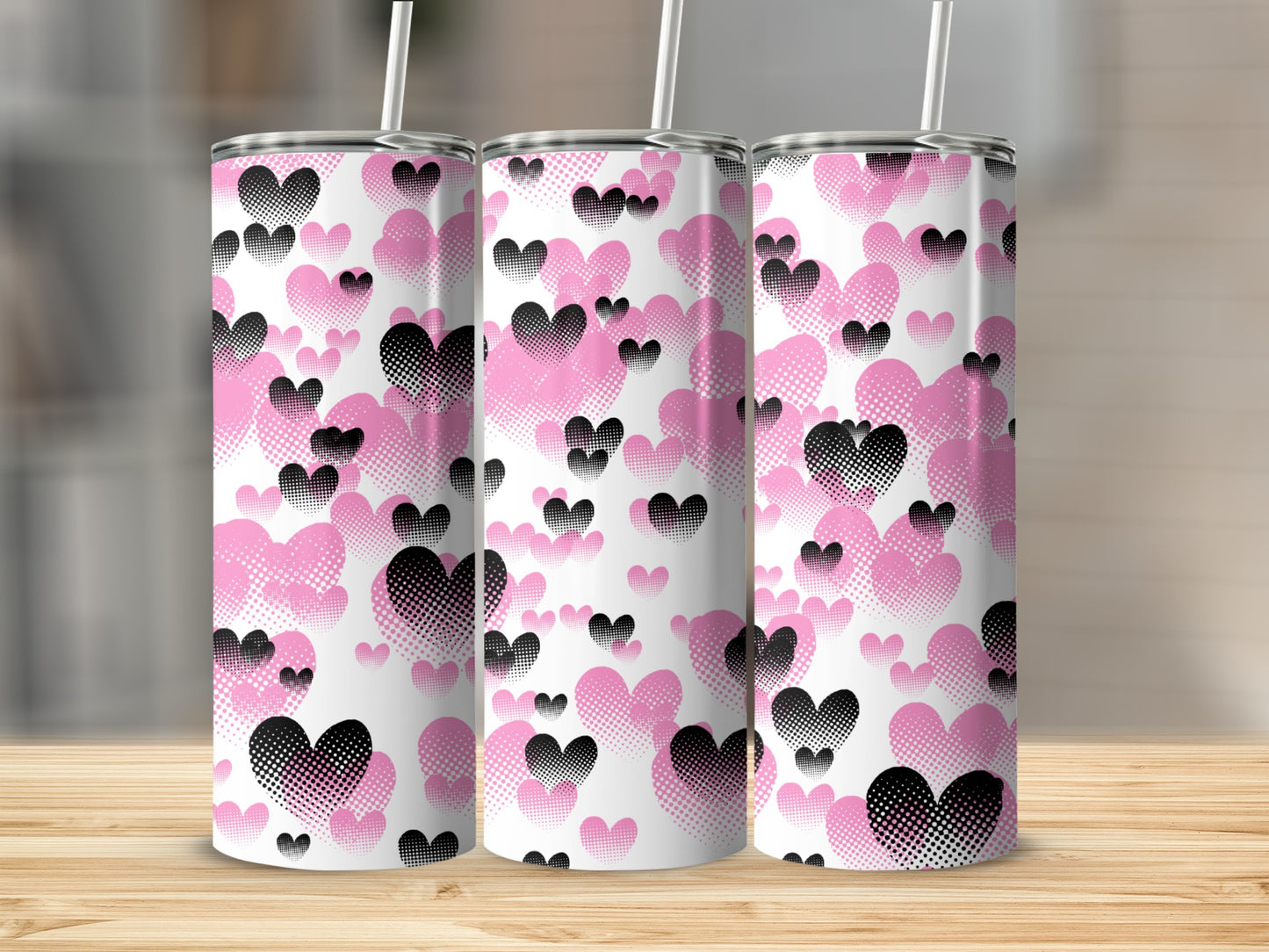 Pink and Black Heart Patterned Tumbler Cup