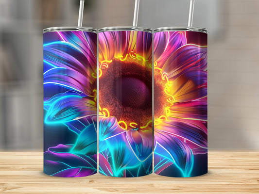 Three neon sunflowers in vibrant blues, purples, and yellows on tumblers.