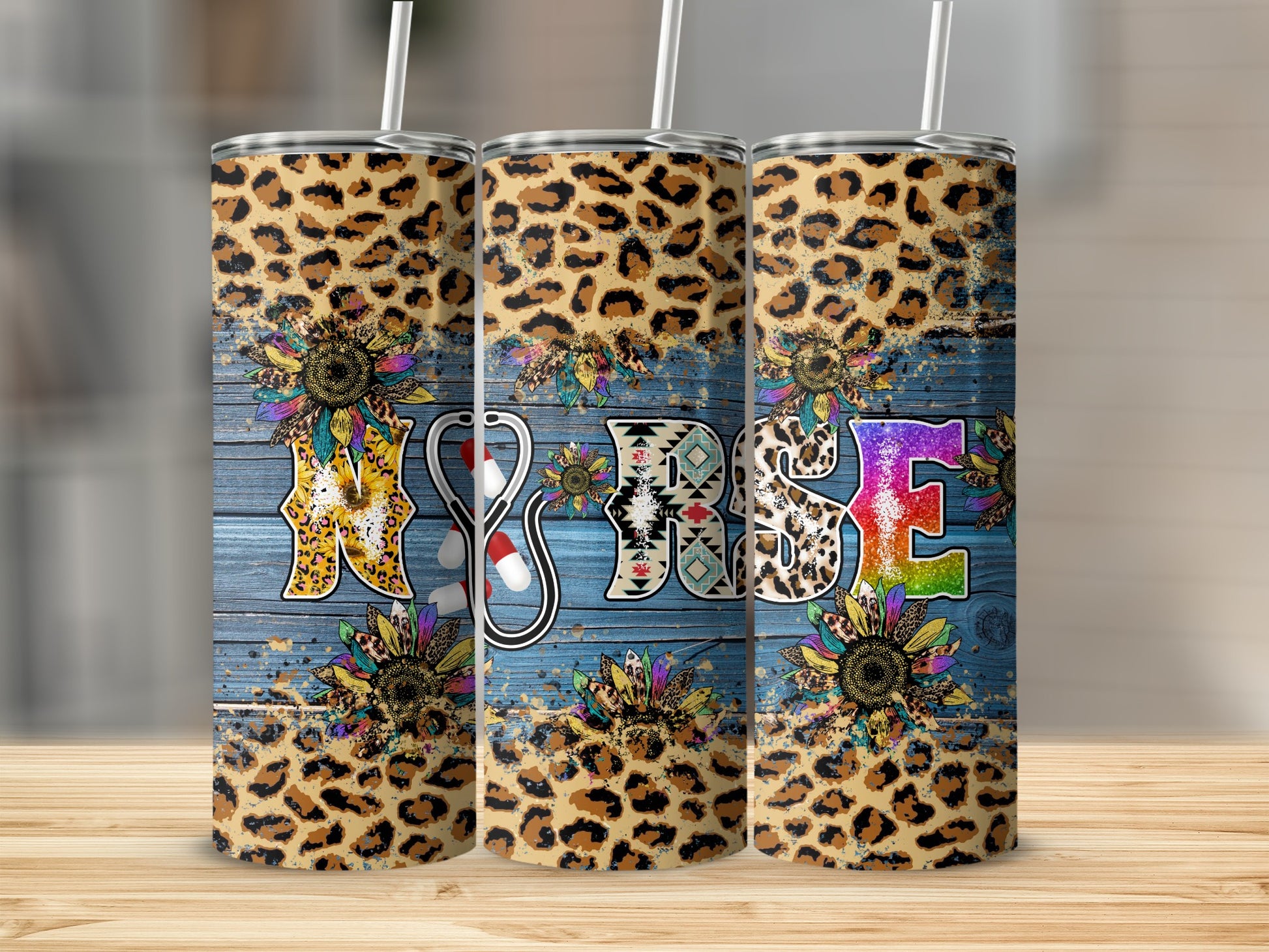 Leopard print and sunflower "RN" design on a skinny tumbler.