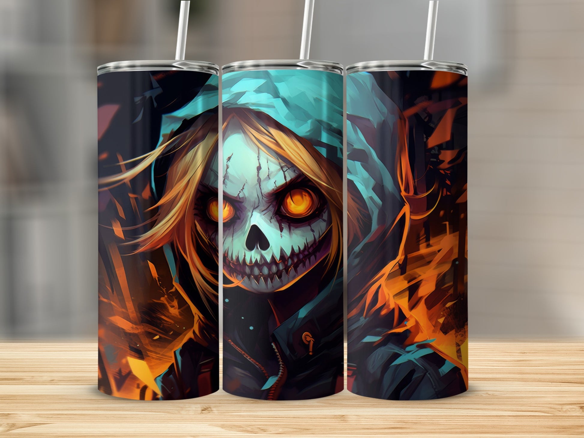 Three tumblers featuring abstract spooky artwork with a skull-like face and fiery accents.