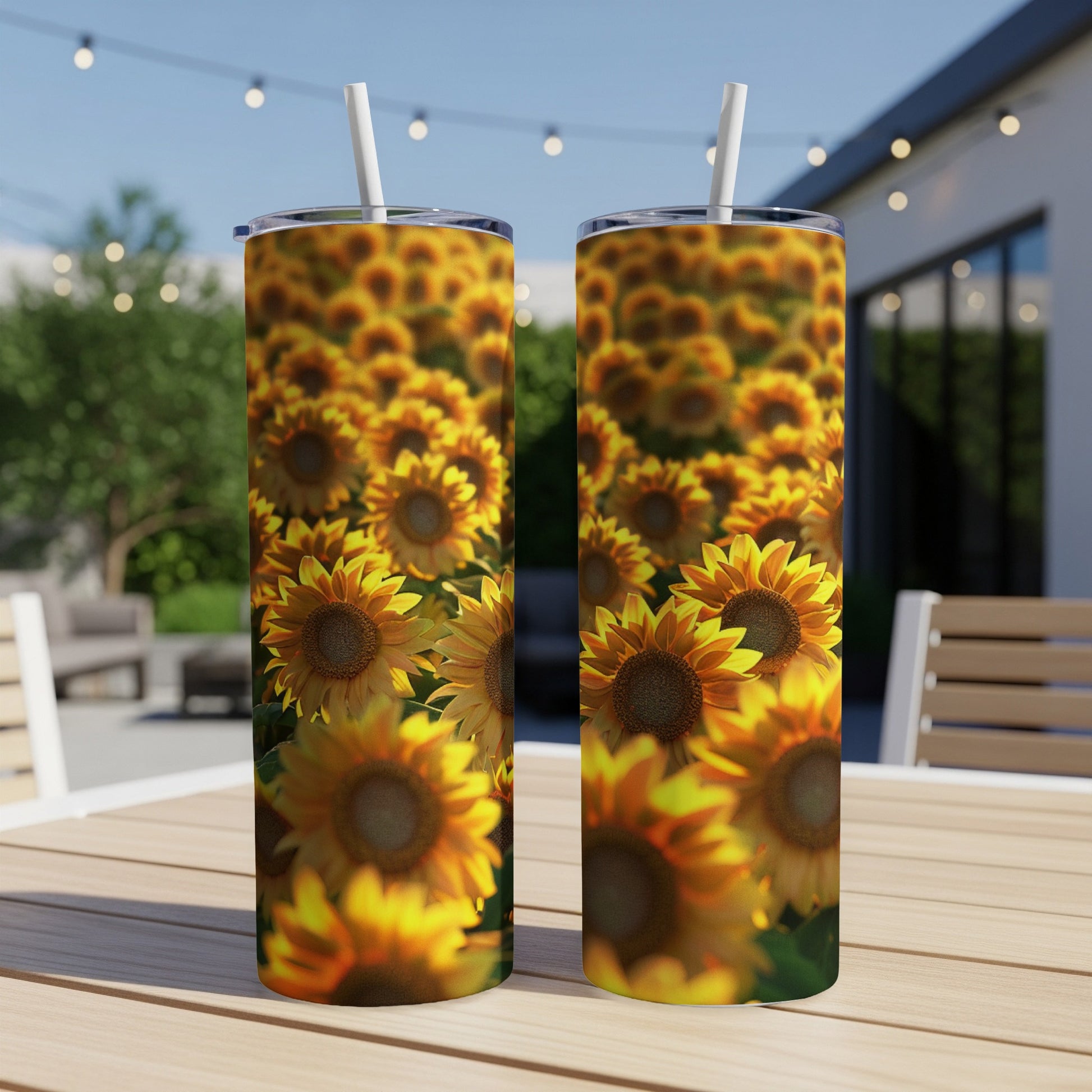 Two tumblers with a field of sunflowers design on an outdoor patio table.
