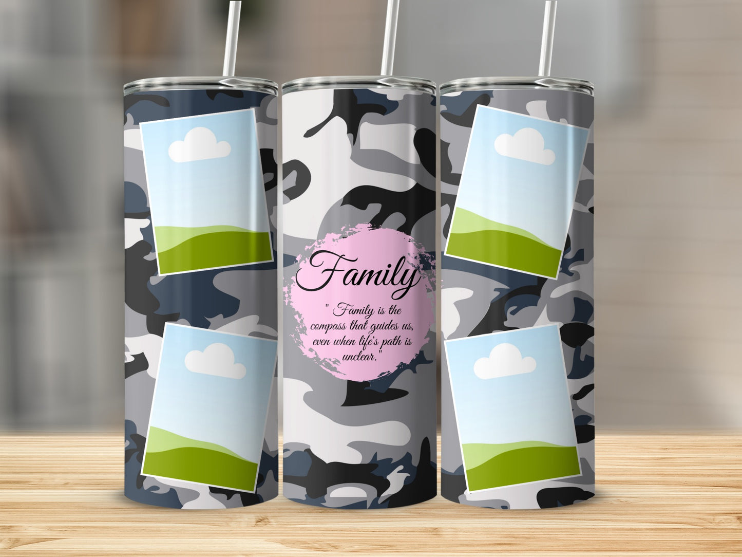 Tumblers with camouflage pattern, photo frames, and text "Family is the compass".