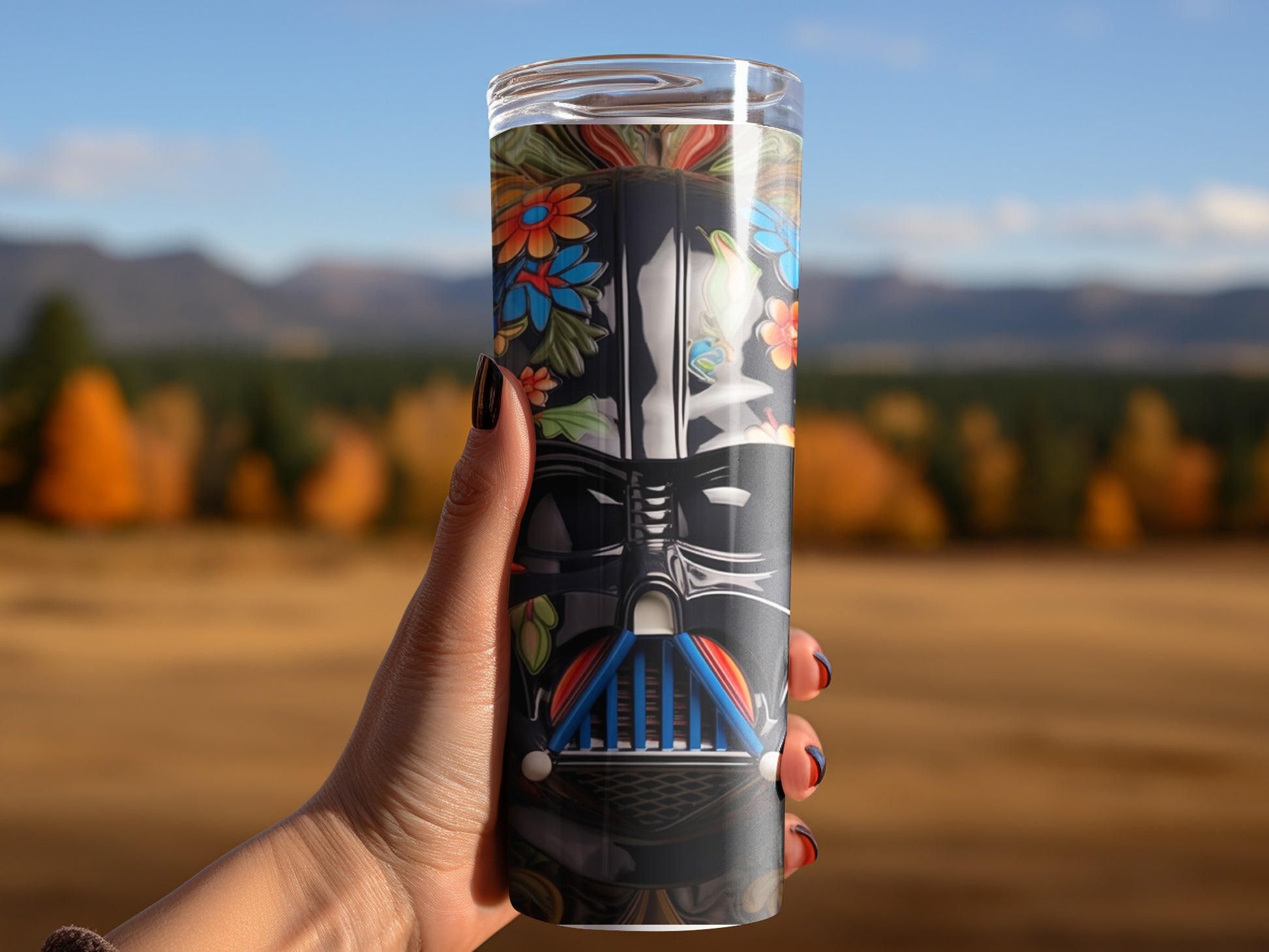 Vibrant Floral Darth Vader Patterned Tumbler