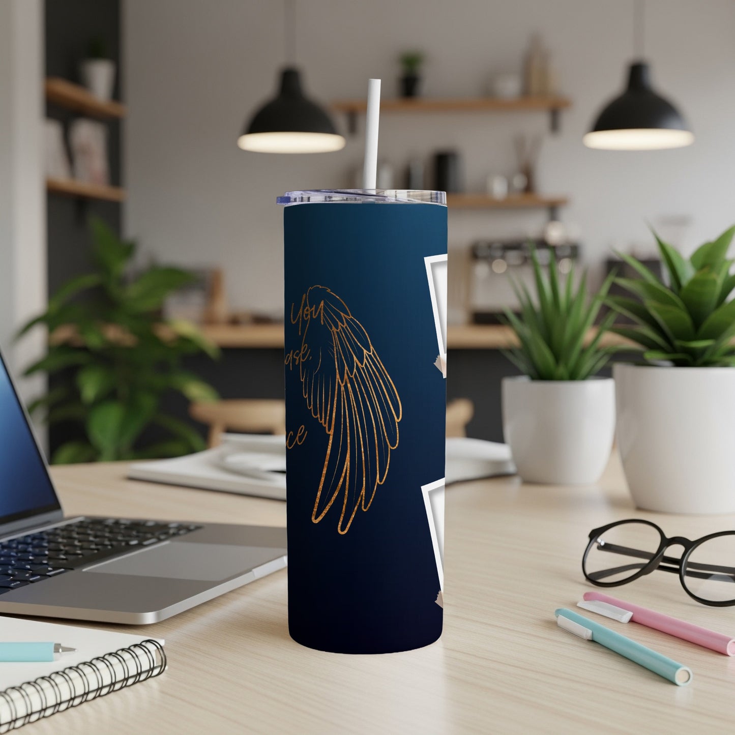 Dark tumbler with a golden wing and text "You are my angel".