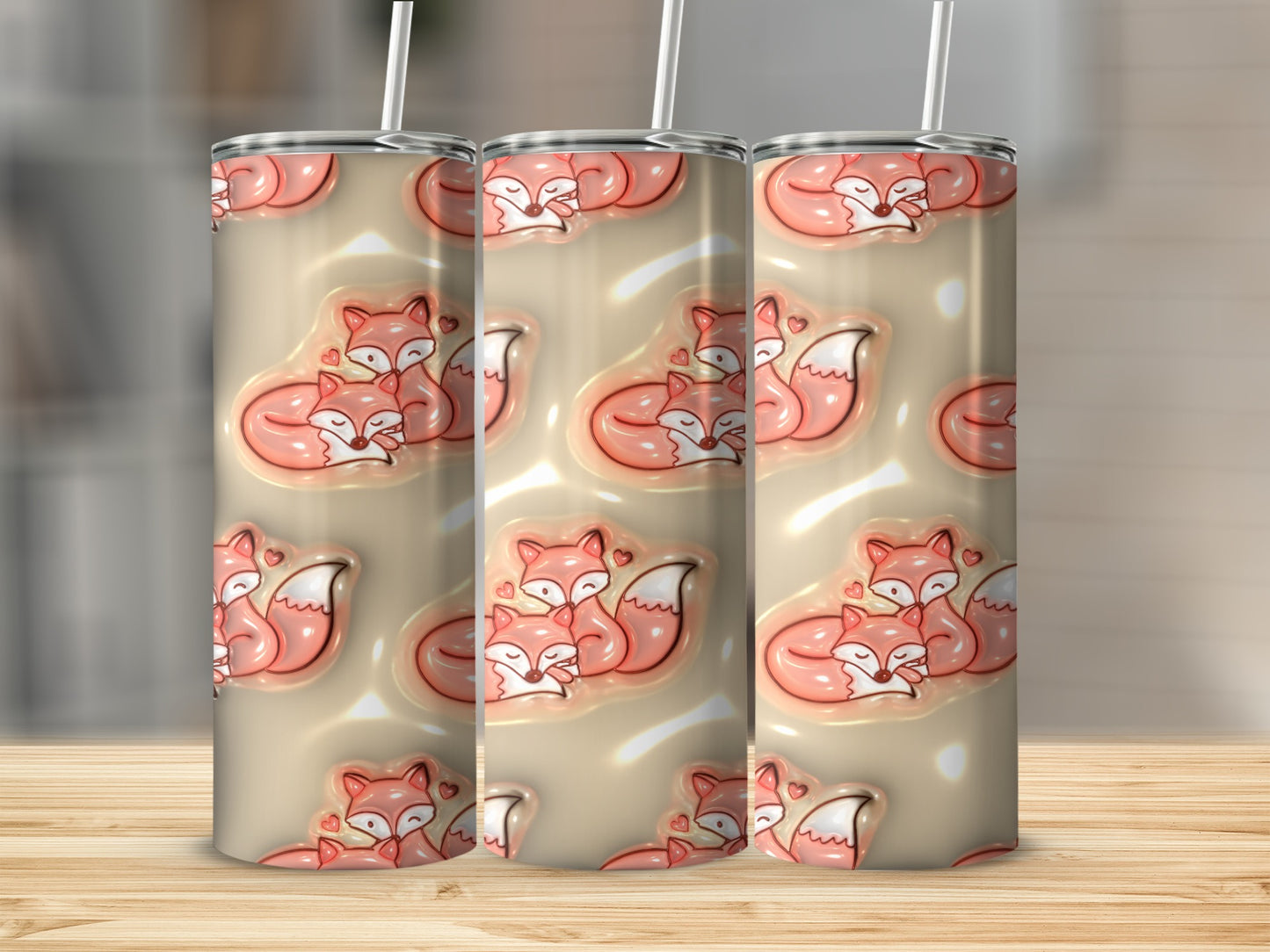 Adorable Fox Family Illustration Tumbler with Straw