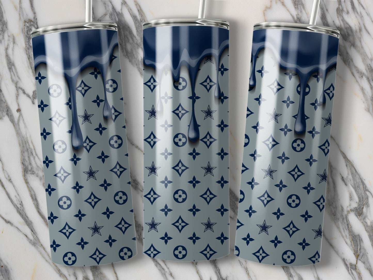Blue Drip With Monogram And Star Background Pattern Tumblers