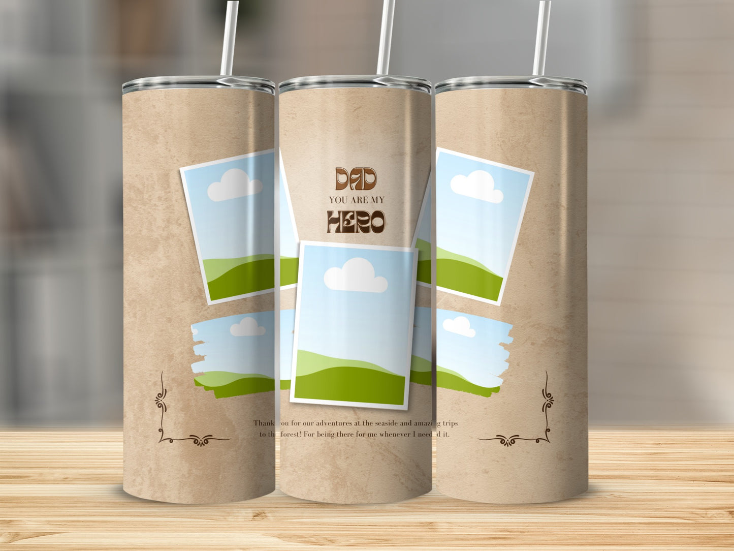 Tumbler with "Dad You Are My Hero" text and photo placeholders on Kraft paper background.