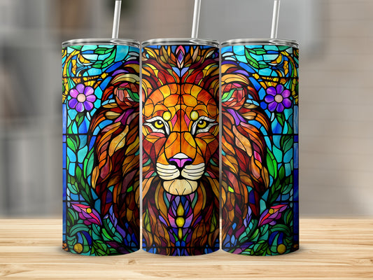 Stained glass lion design on three tumblers with colorful floral accents.