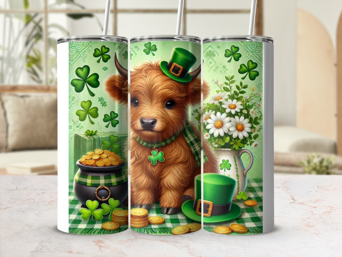 Cow wearing green hat and scarf sits near pot of gold and shamrocks.