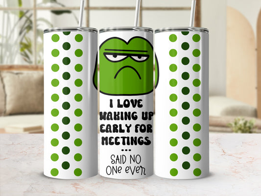 Green grumpy face tumbler with polka dots and humorous text.