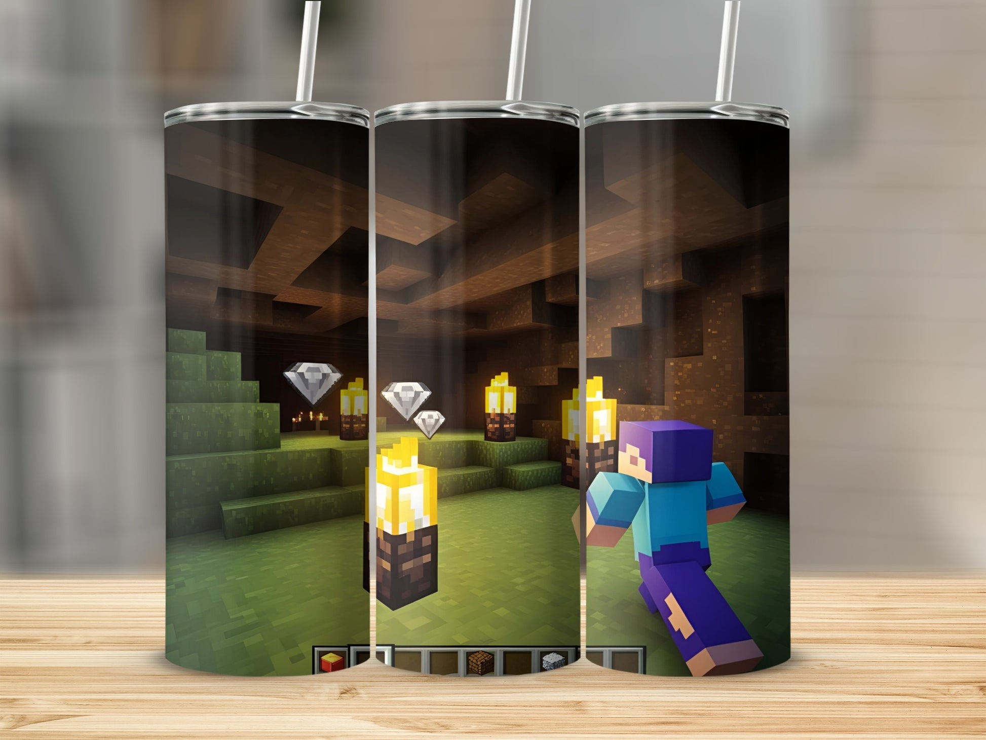 Minecraft character in a cave with diamonds and torches.