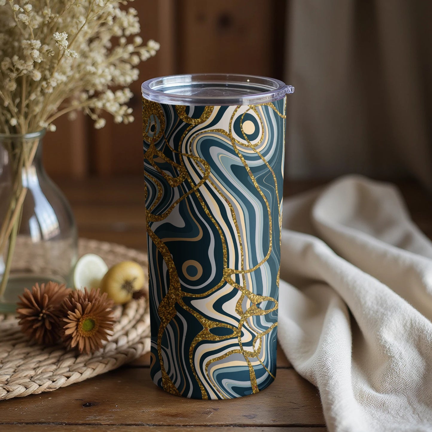 Abstract Blue and Gold Swirl Patterned Tumbler