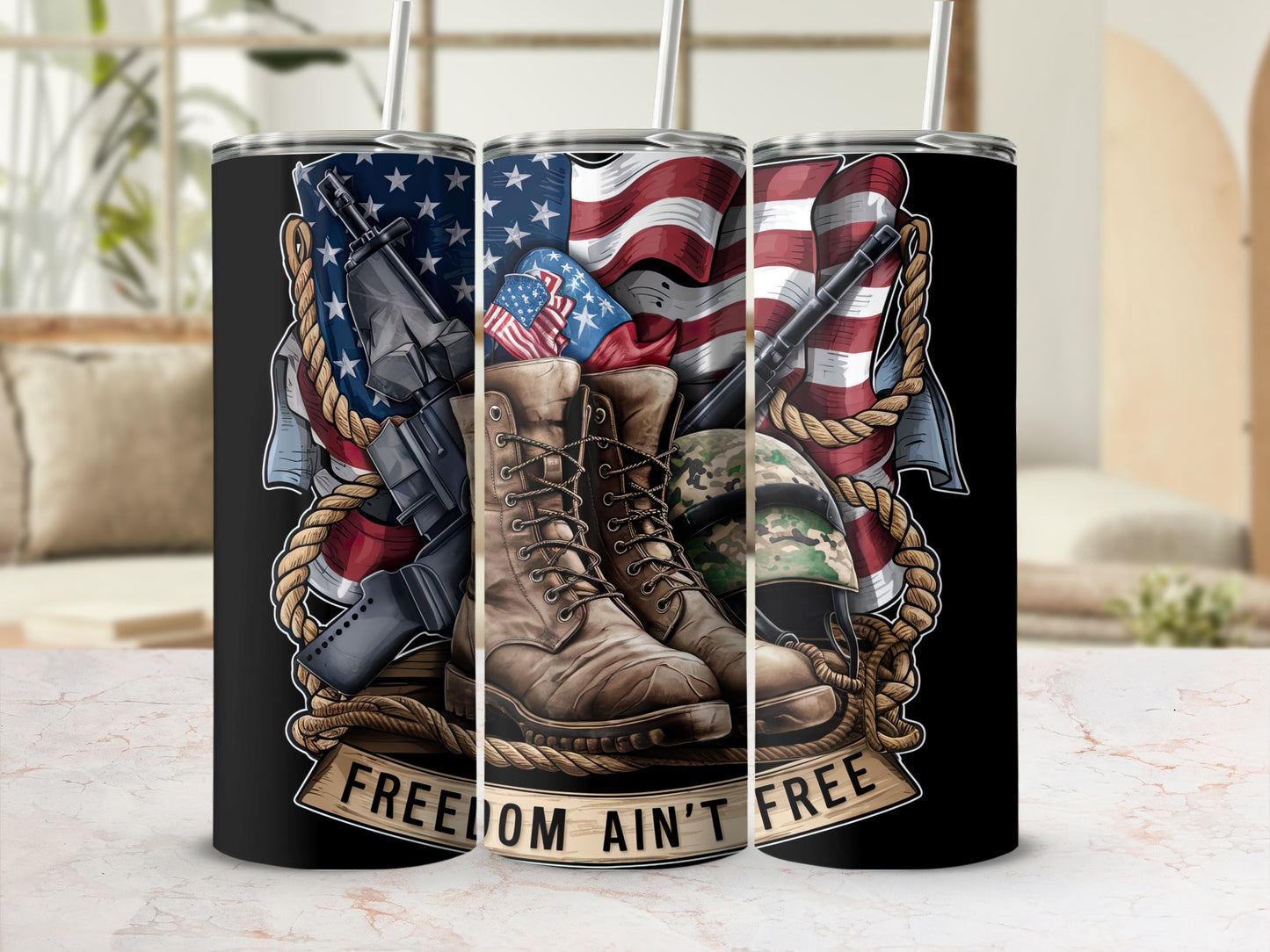 Military boots, weapons, and American flag with "Freedom Ain't Free" text.