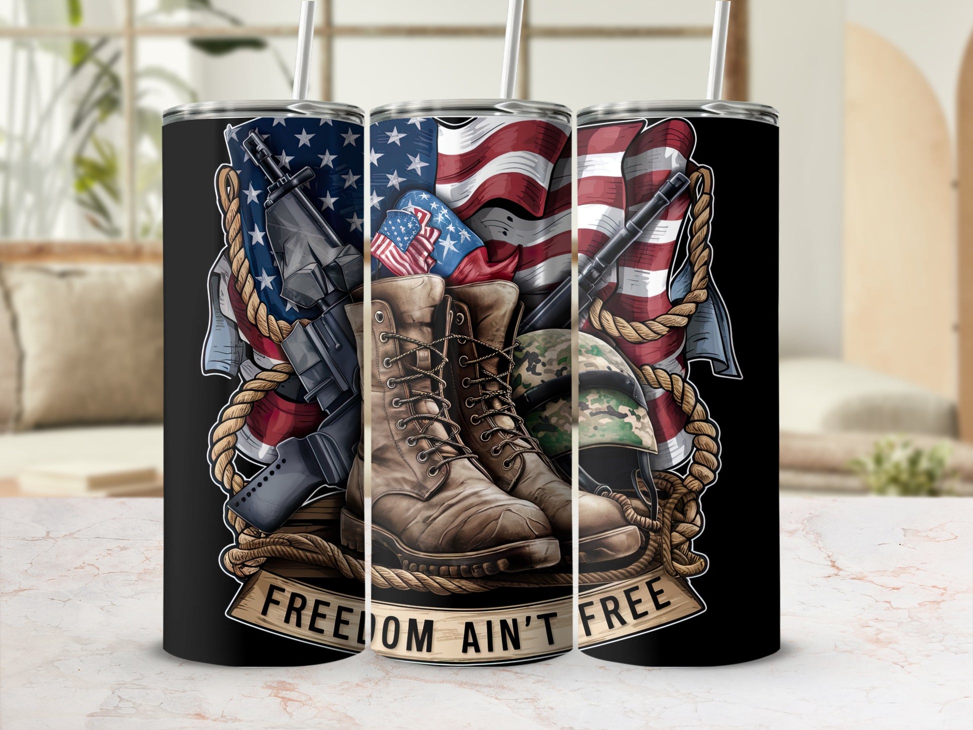 Military boots, weapons, and American flag with "Freedom Ain't Free" text.
