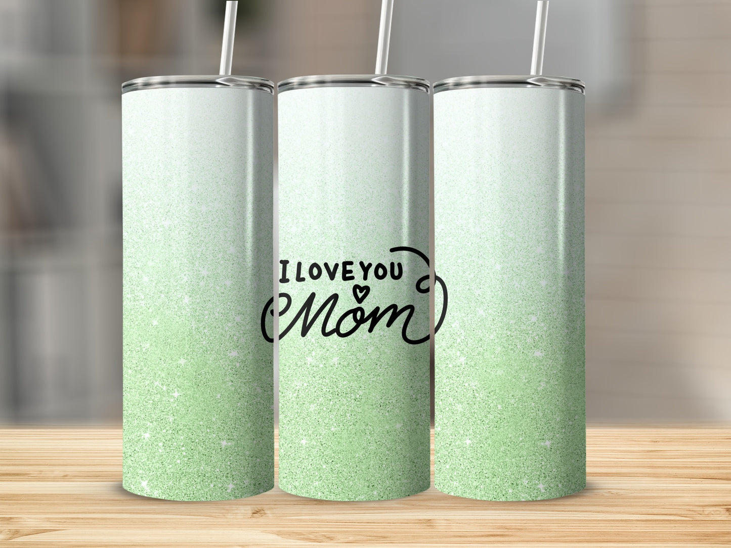 Three glittery tumblers with "I Love You Mom" text.