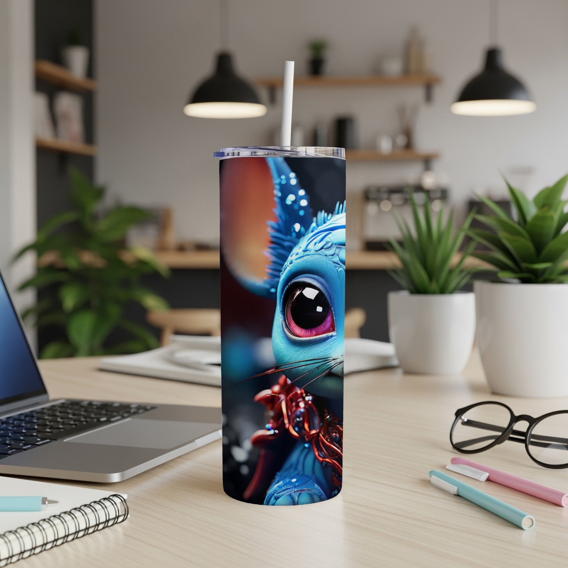 Blue cartoon creature with large eyes on a tumbler.