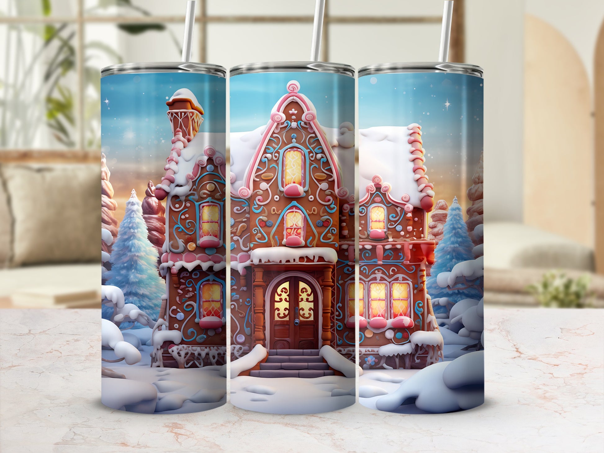 Three tumblers decorated with a snow-covered gingerbread house design.