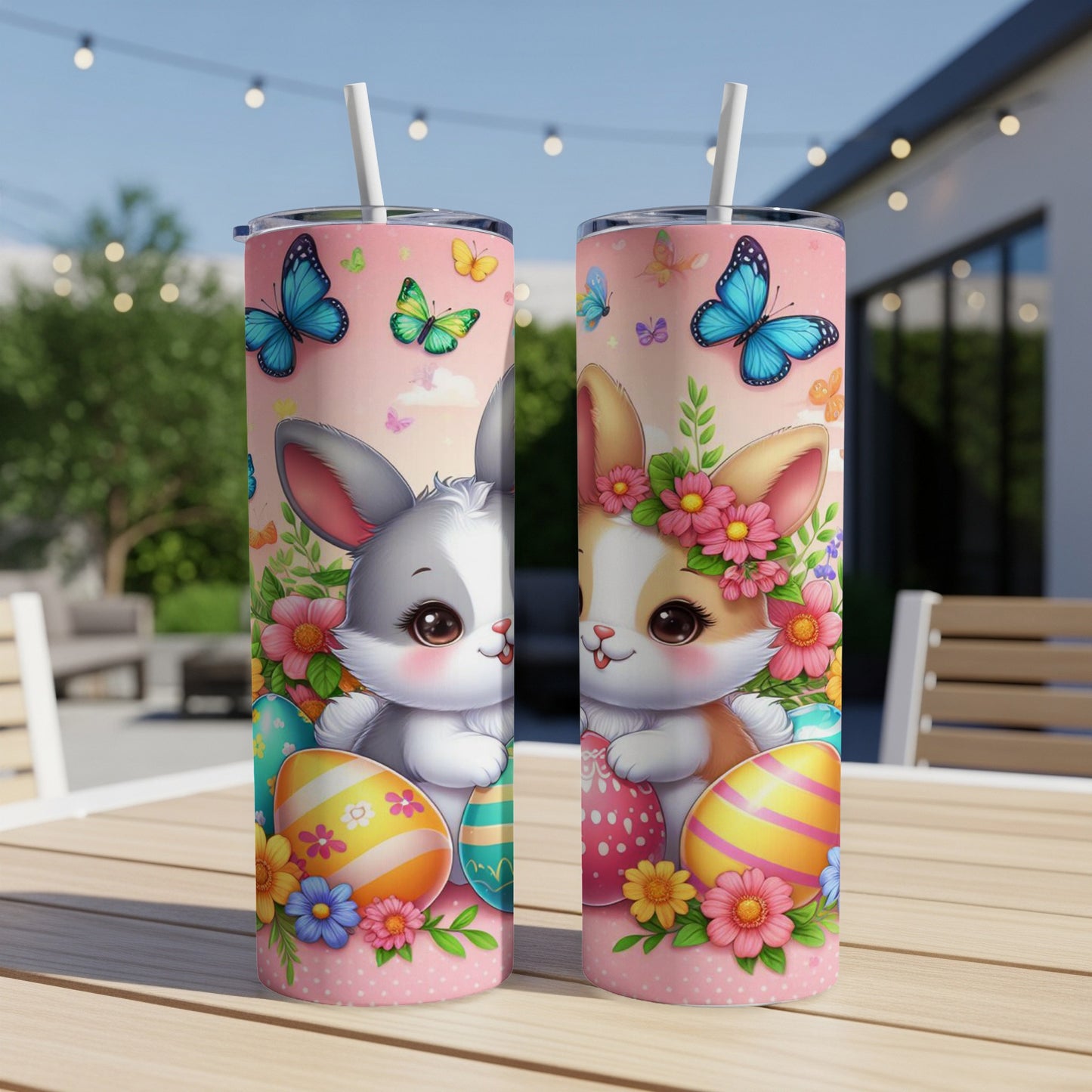 Two Easter bunnies with decorated eggs and butterflies, against a backyard setting.