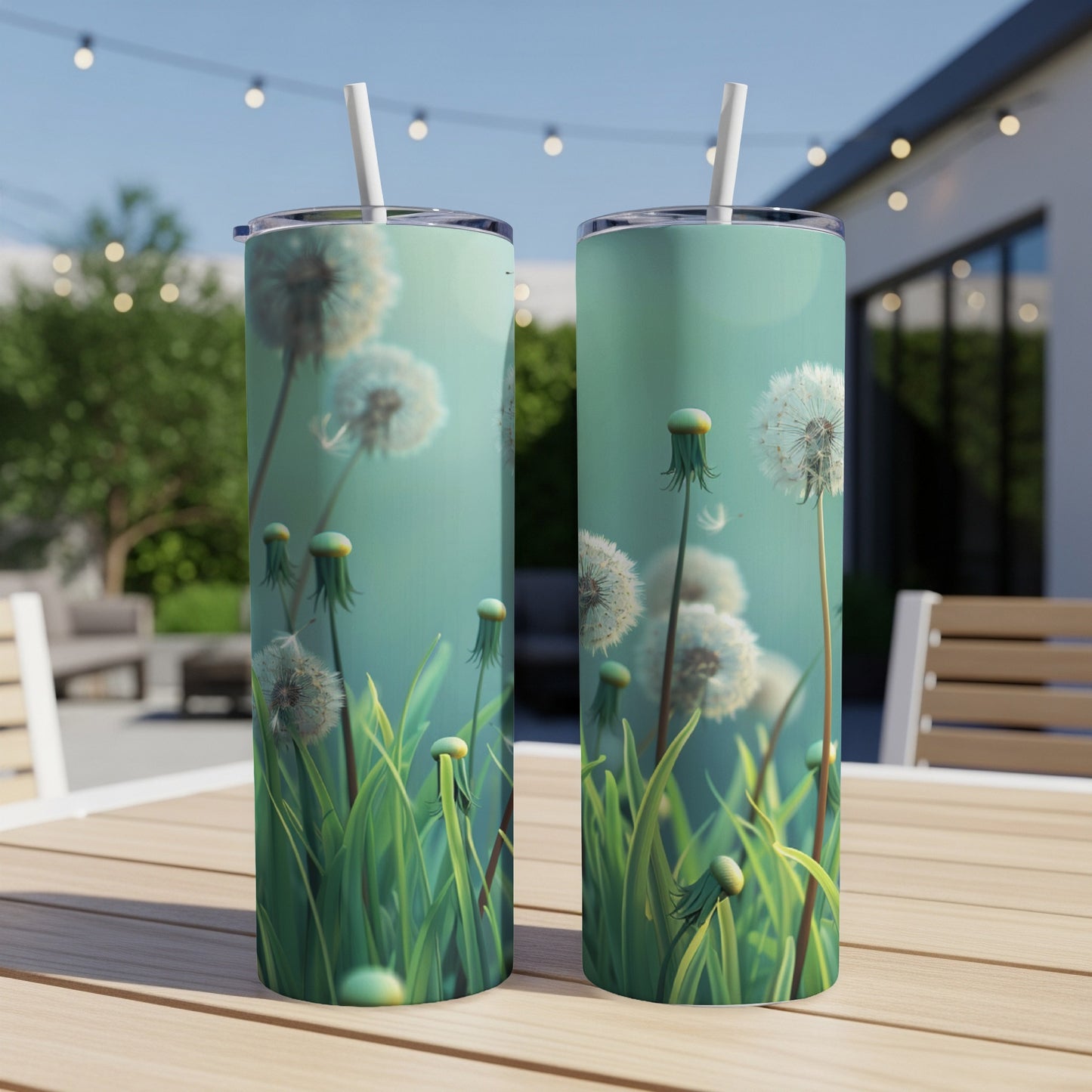 Two tall tumblers with dandelion seed heads and green grass pattern.