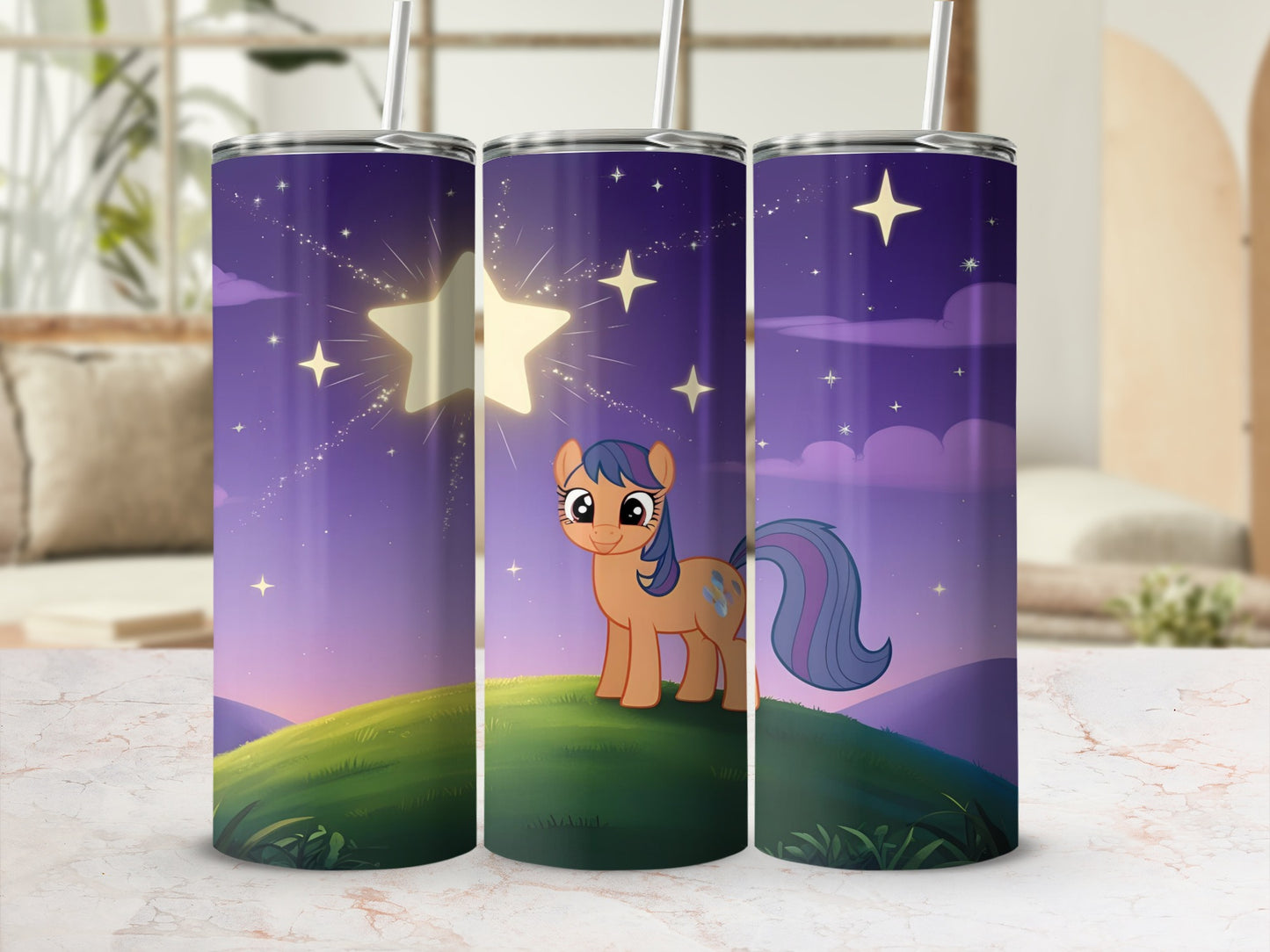 Cartoon pony on grassy hill under starry night sky.