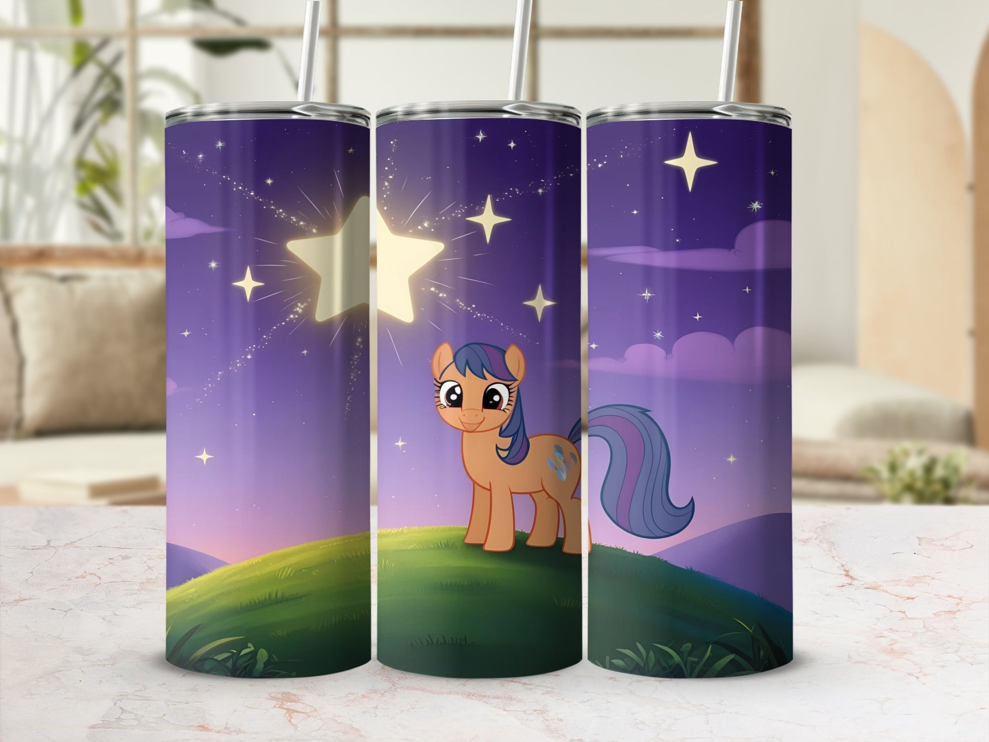 Cartoon pony on grassy hill under starry night sky.