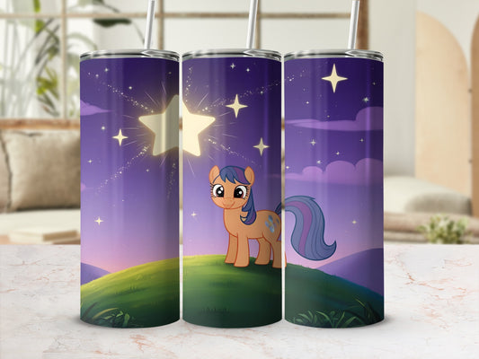 Cartoon pony on grassy hill under starry night sky.