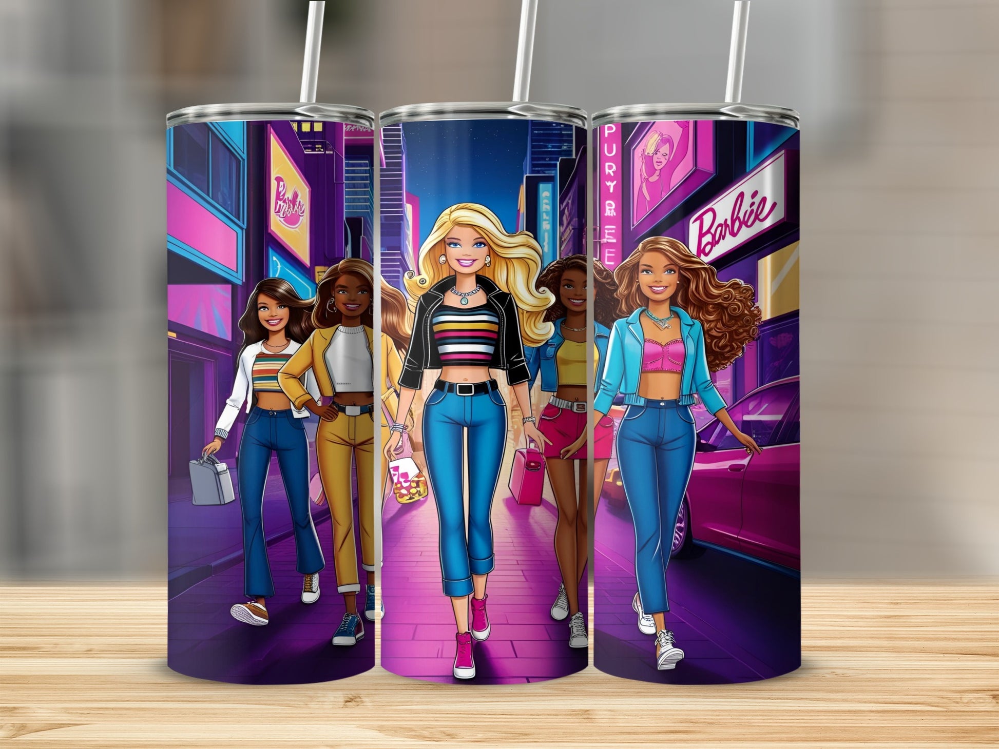Barbie characters walking down a neon-lit city street at night.