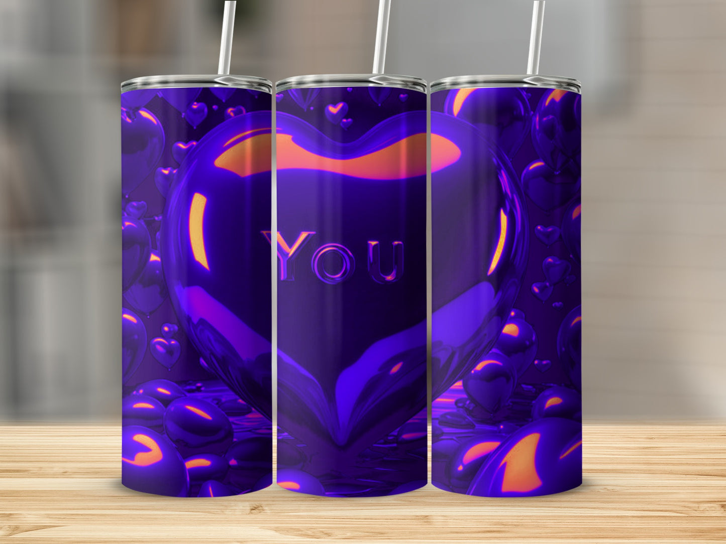 Purple metallic heart tumbler with "YOU" text and a wood grain background.