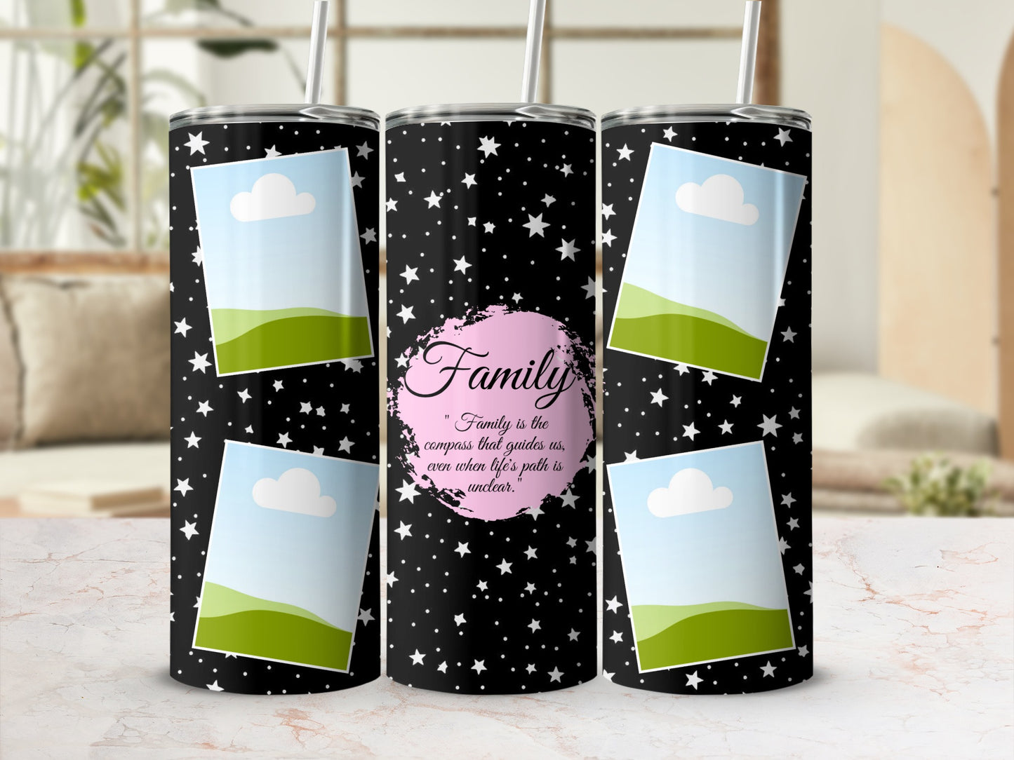 Tumbler with star pattern, photo placeholders, and "Family" quote.