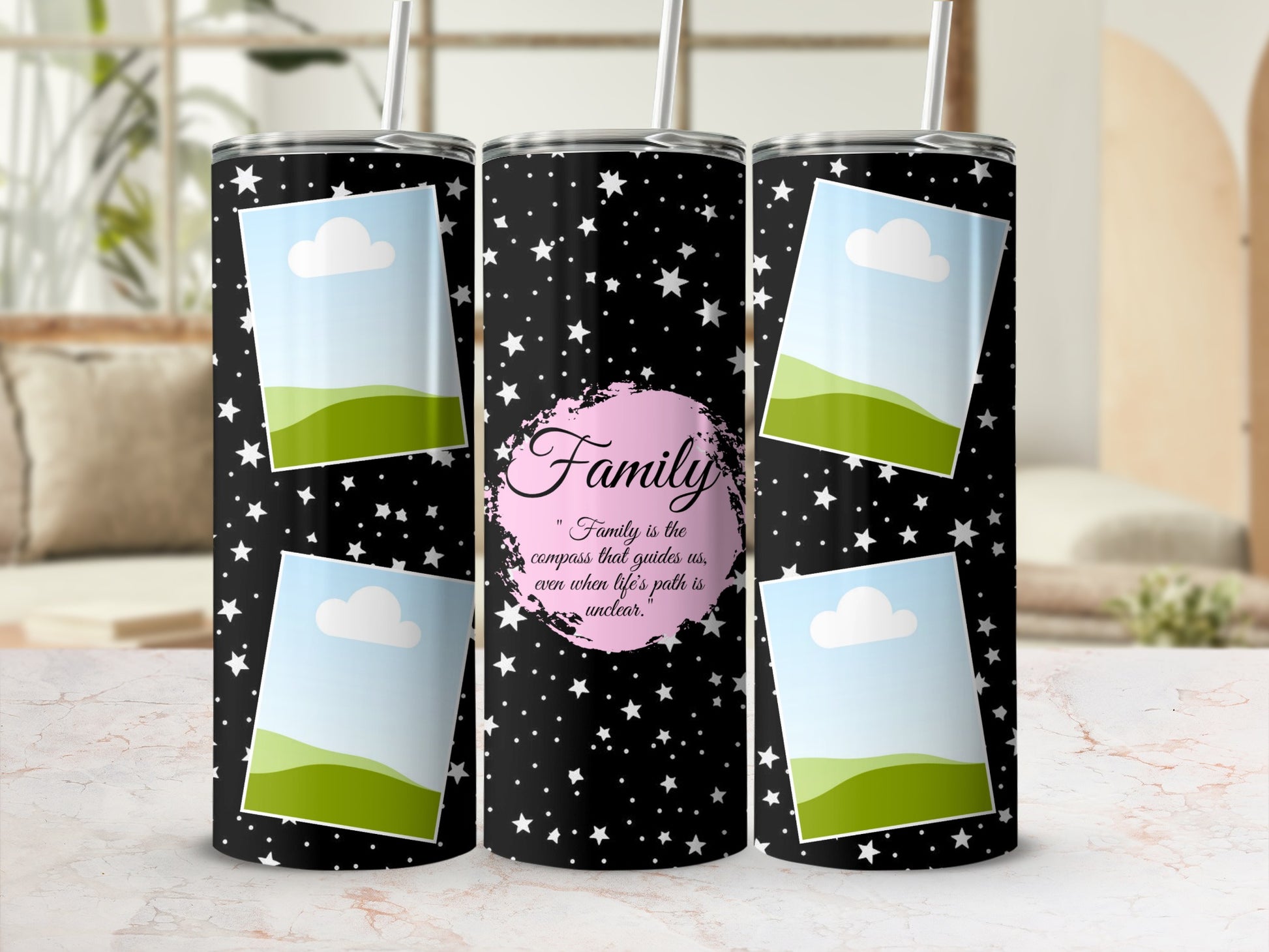 Tumbler with star pattern, photo placeholders, and "Family" quote.