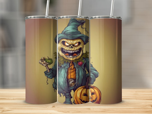 Scary scarecrow character with pumpkin and straw holding a small pumpkin.