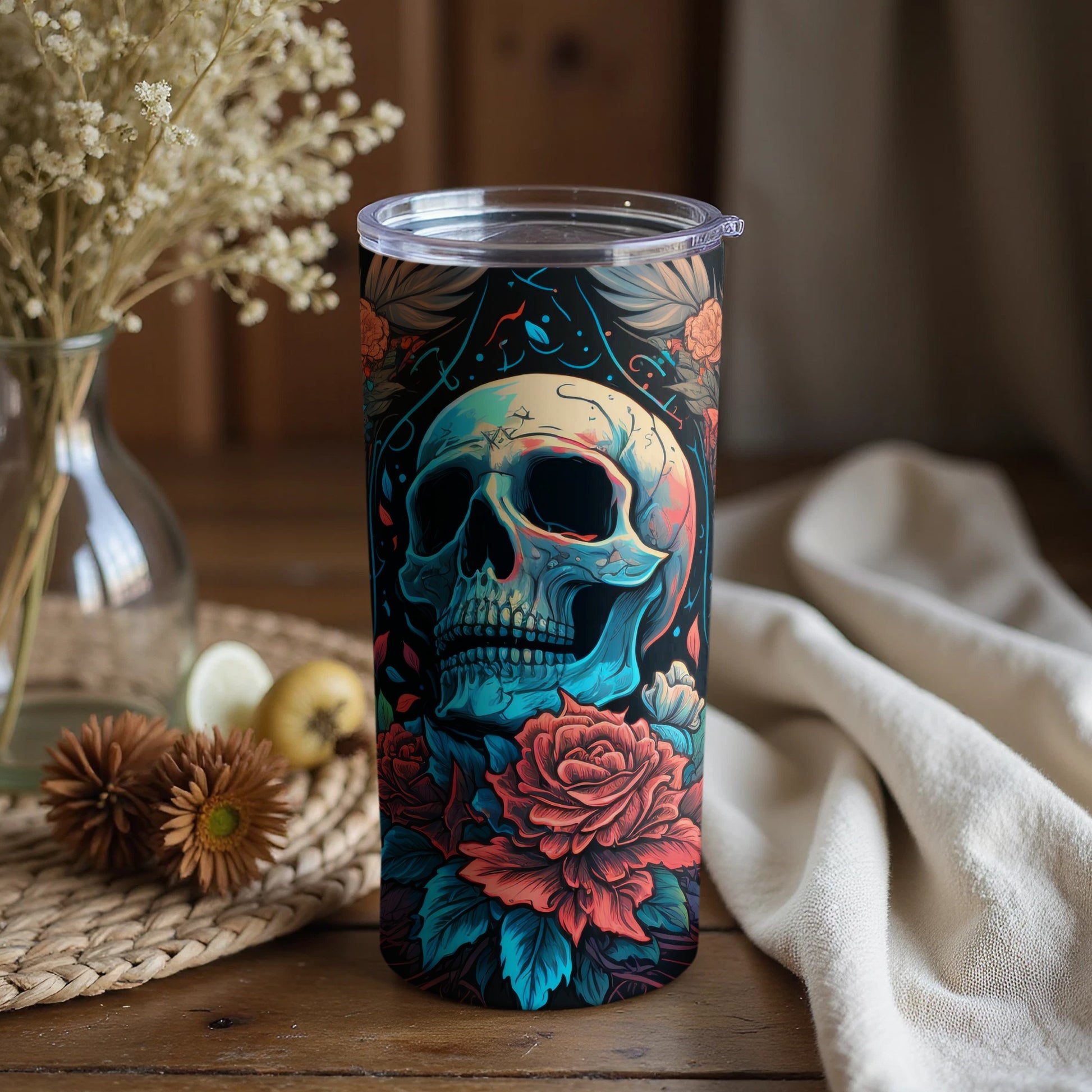 Skull and Roses Graphic Design on Tumbler Product