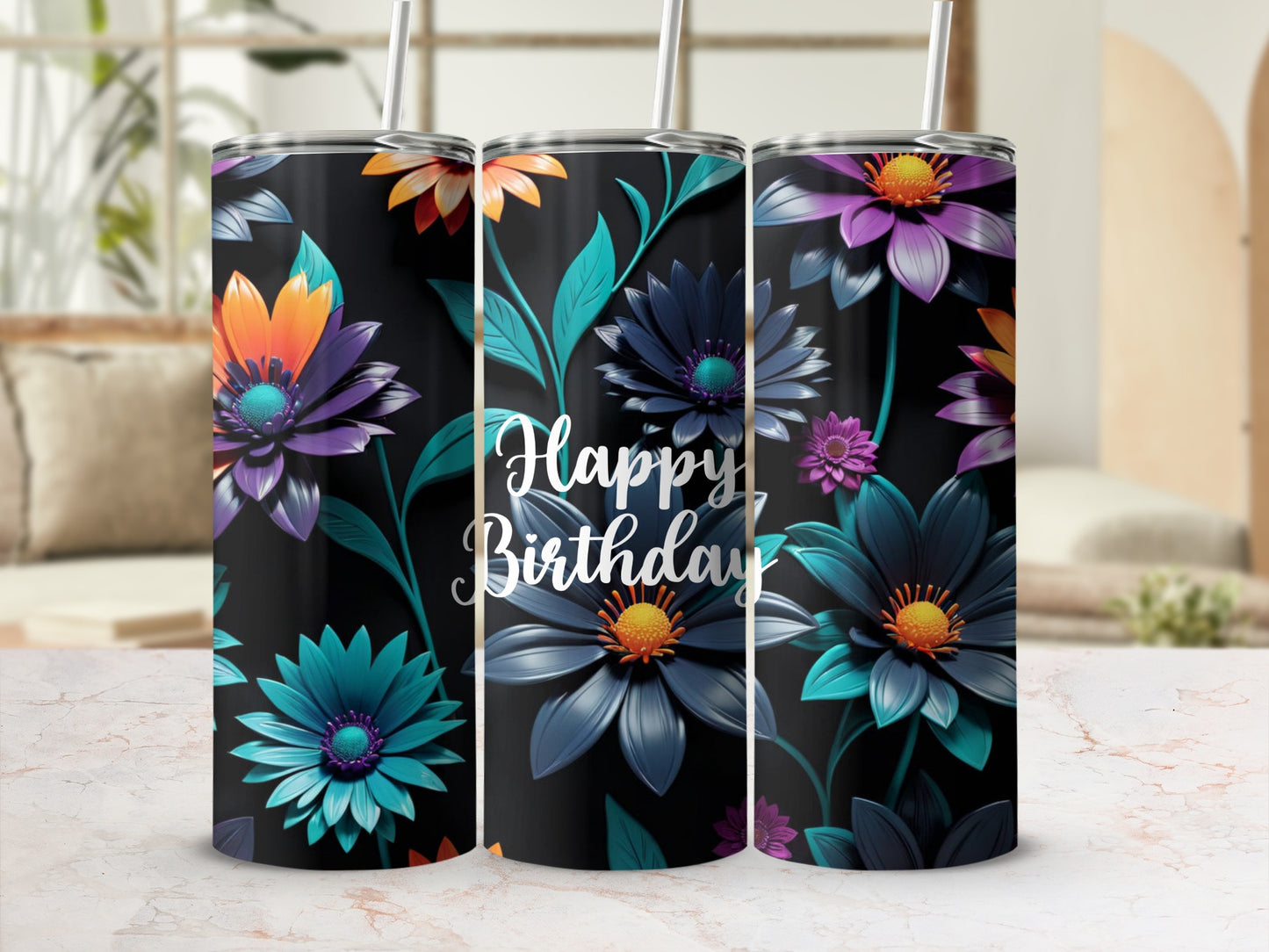 Floral tumbler with "Happy Birthday" text and a straw.