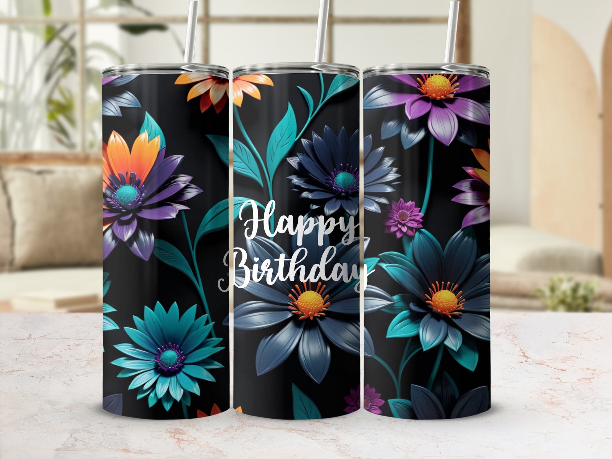 Floral tumbler with "Happy Birthday" text and a straw.
