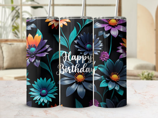 Floral tumbler with "Happy Birthday" text and a straw.