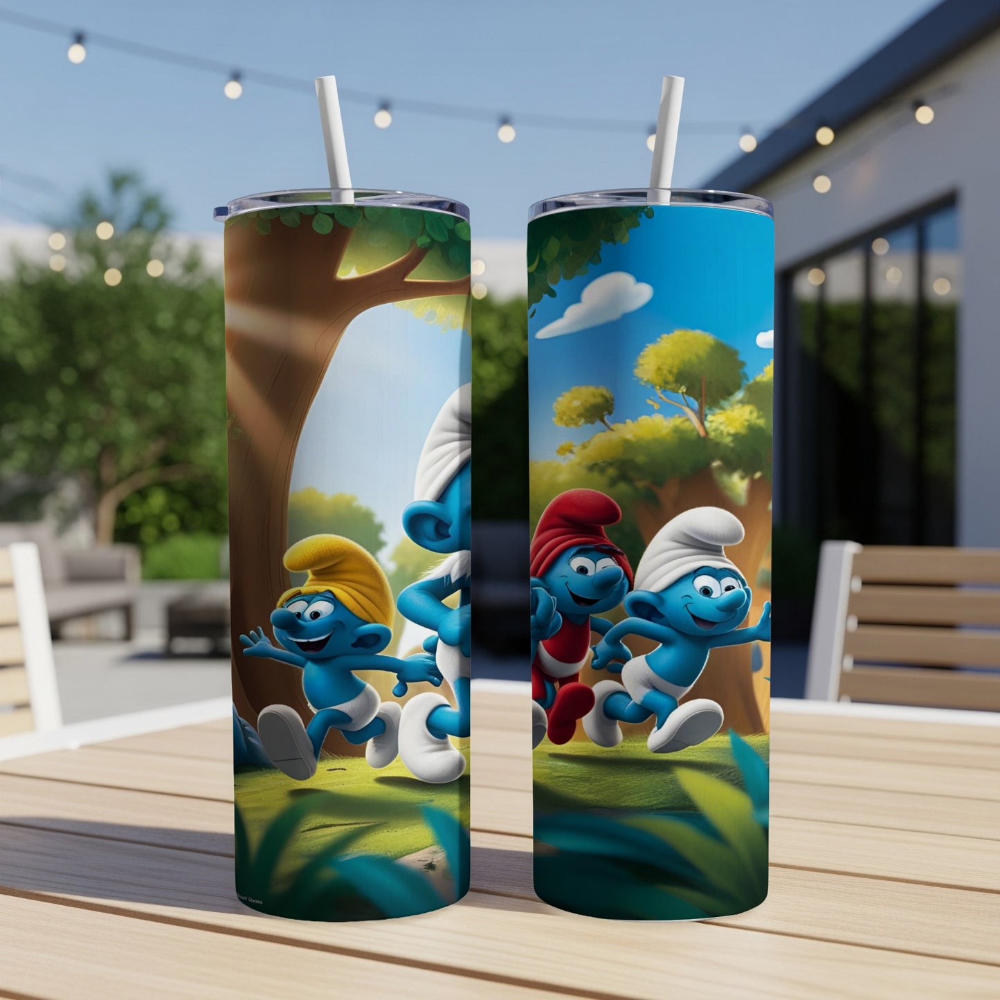 Two Smurfs tumblers featuring Smurfs running through a forest setting.