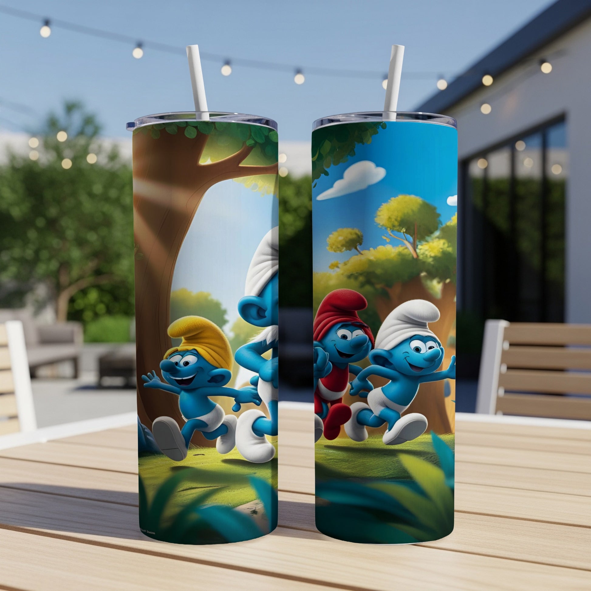 Two Smurfs tumblers featuring Smurfs running through a forest setting.