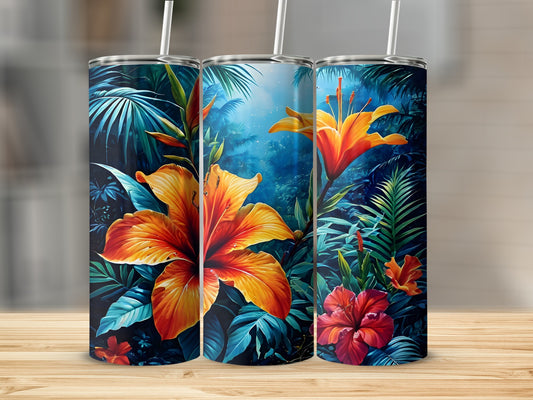 Three tumblers with vibrant tropical hibiscus flowers and lush green foliage.