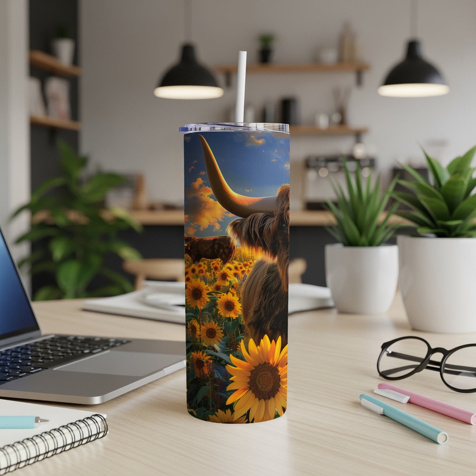 Highland cow in sunflower field on a travel tumbler.