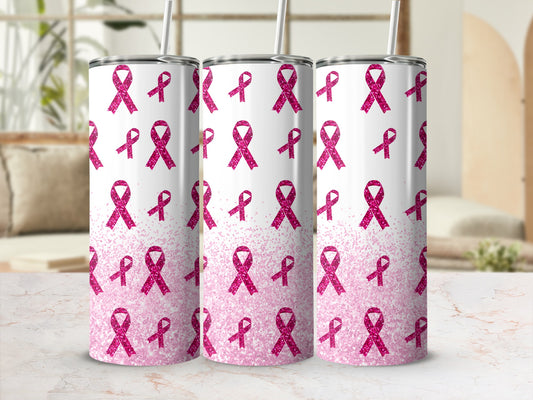 Three pink glitter cancer ribbon tumblers with straws, arranged in a row.